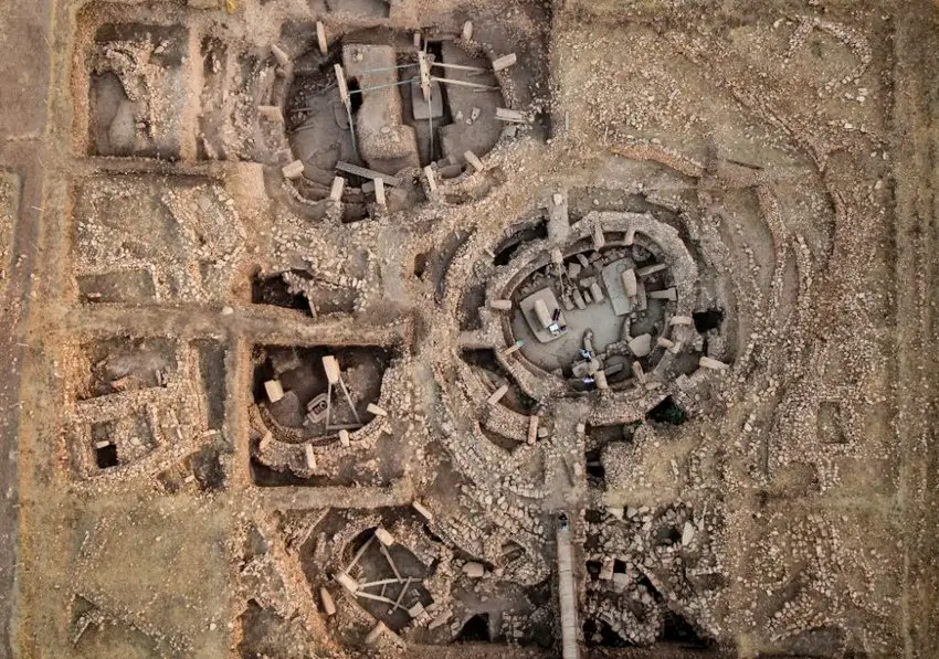 Aerial view of Gobekli Tepes six structures for orientation of the central pillars of