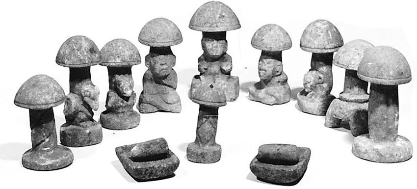 Nine Preclassic mushroom stones found in a cache along with nine miniature metates at the